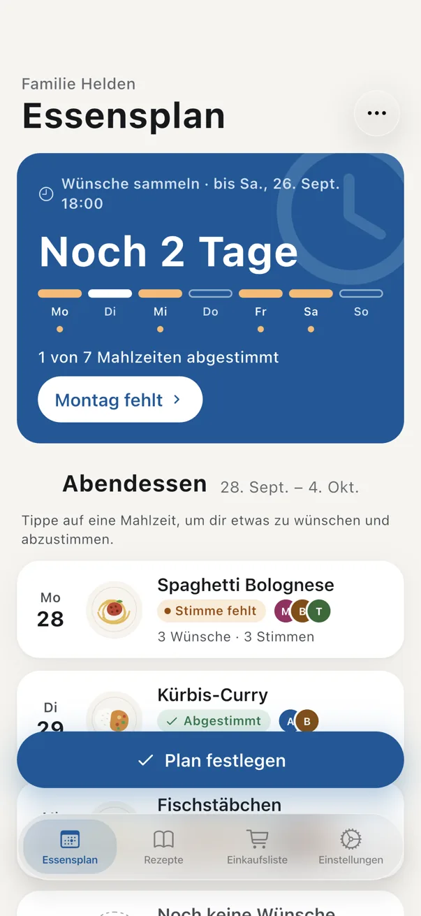 Wochenübersicht der App: Einsendeschluss am Samstag, Wünsche und Stimmen für jeden Tag