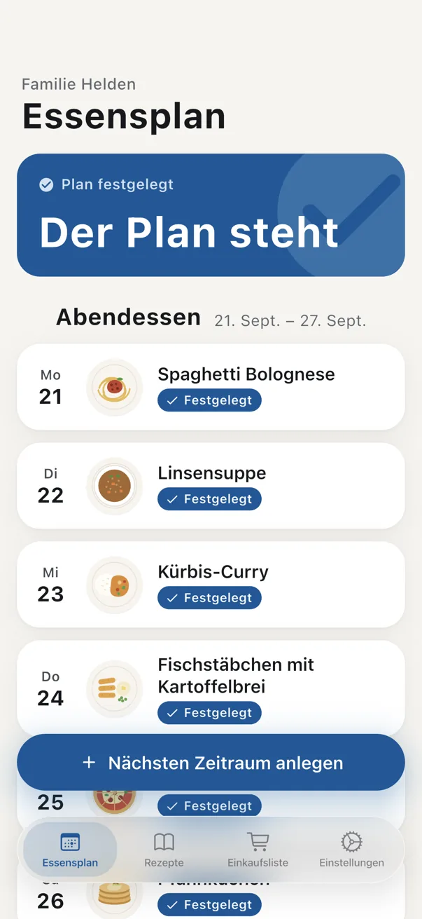Fertiger Wochenplan mit dem Gericht für heute Abend