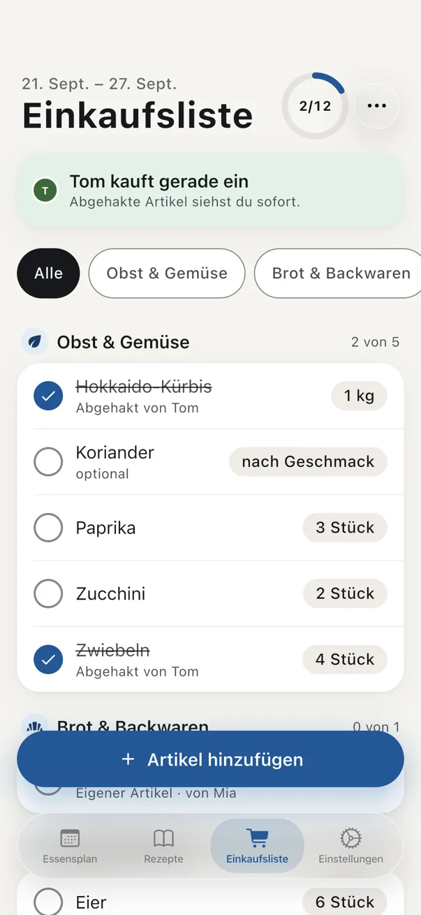 Einkaufsliste der App, nach Abteilungen sortiert