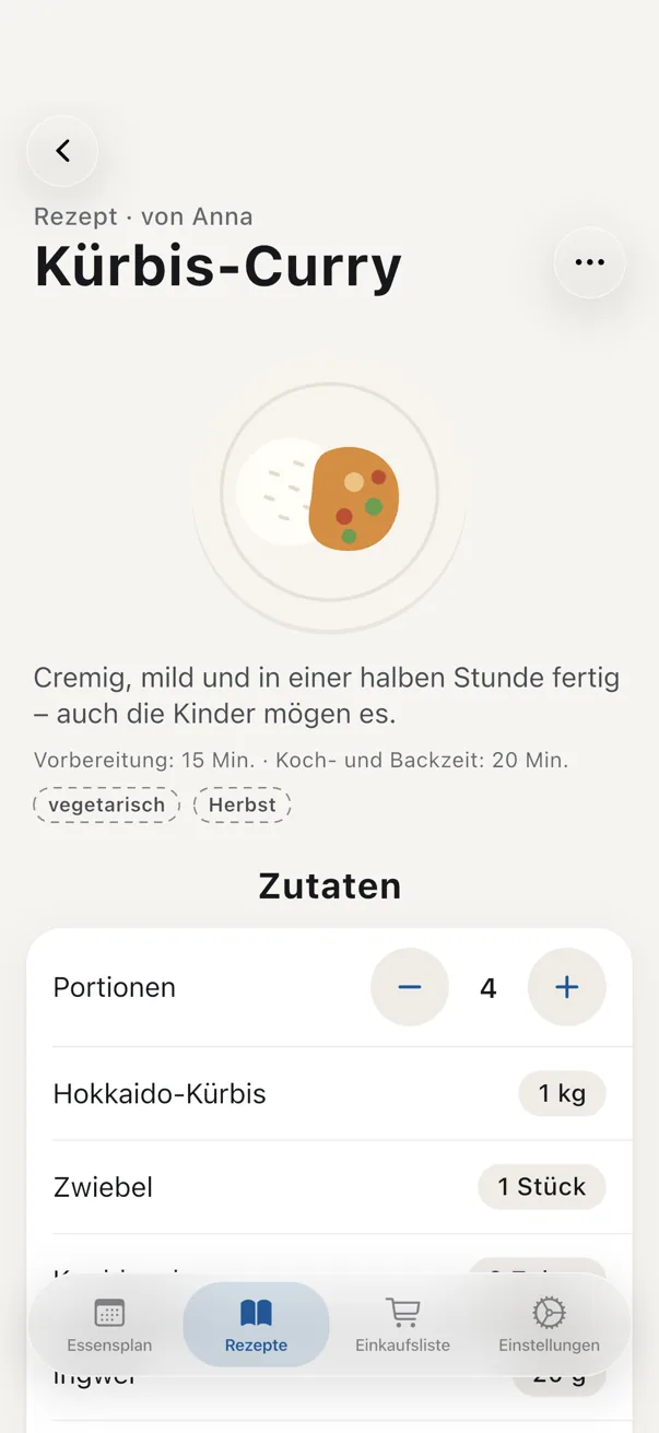 Rezept Kürbis-Curry mit Zutaten für vier Portionen