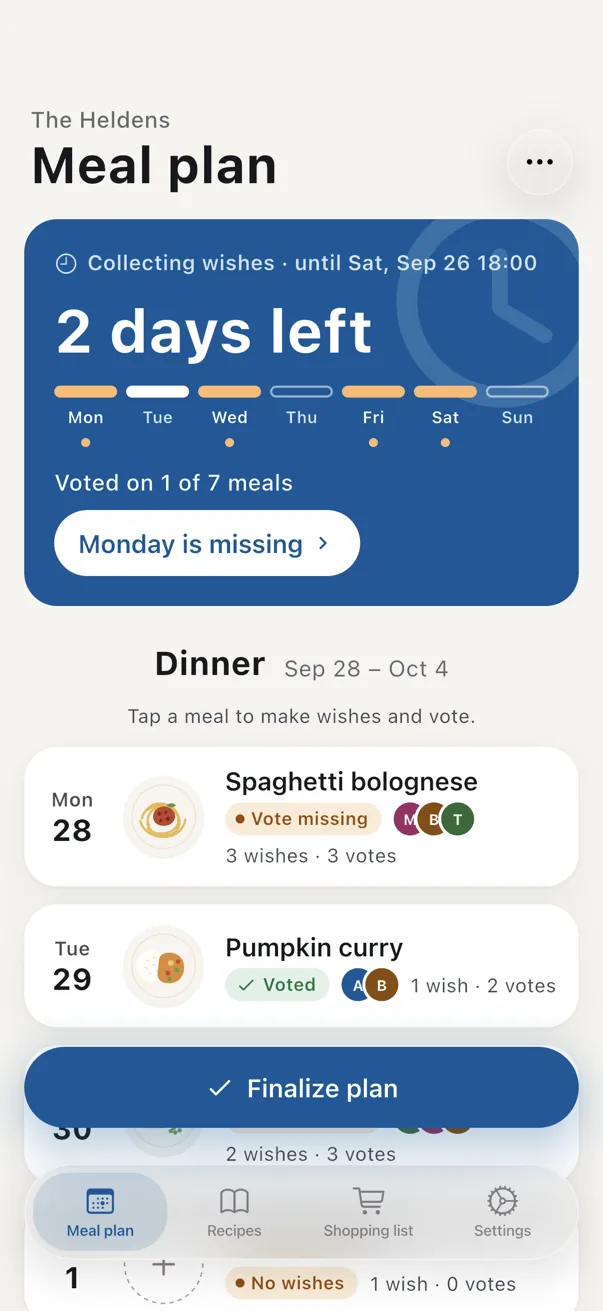 Week overview of the app: deadline on Saturday, wishes and votes for every day