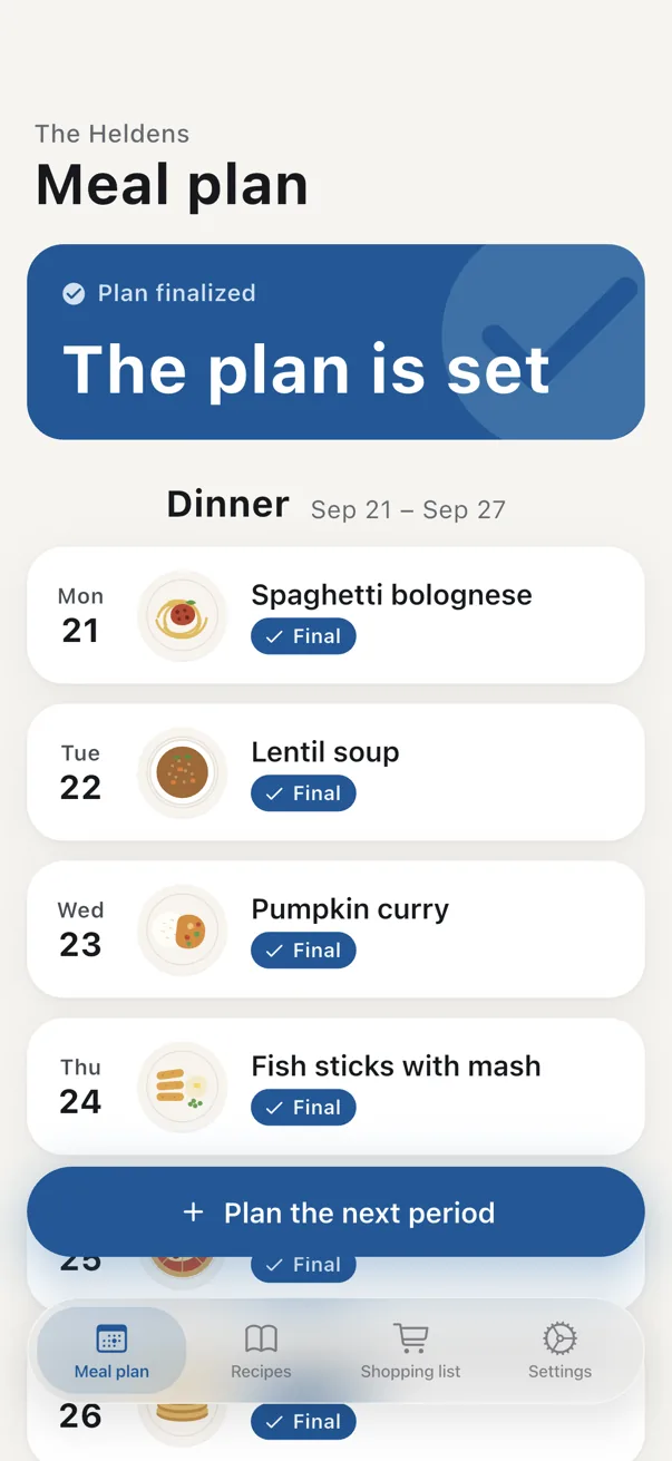 Final weekly plan showing tonight’s dinner