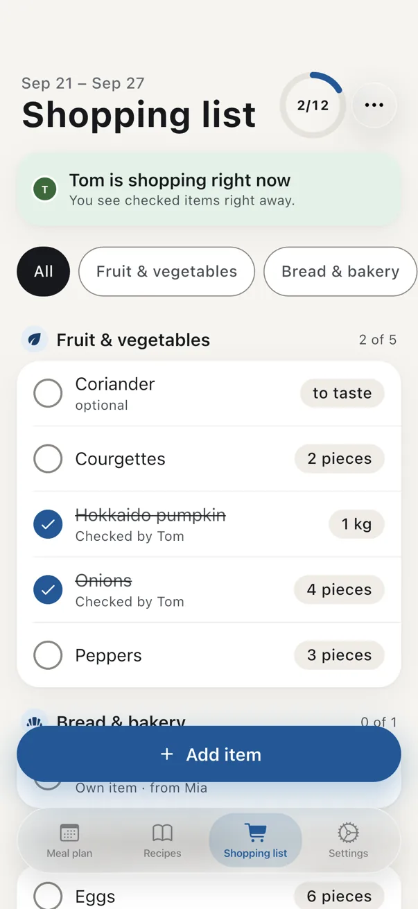 Shopping list of the app, sorted by aisle