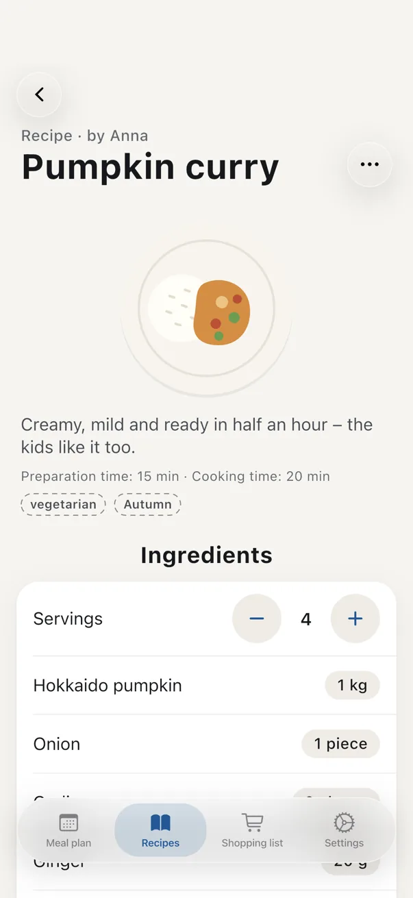 Pumpkin curry recipe with ingredients for four servings
